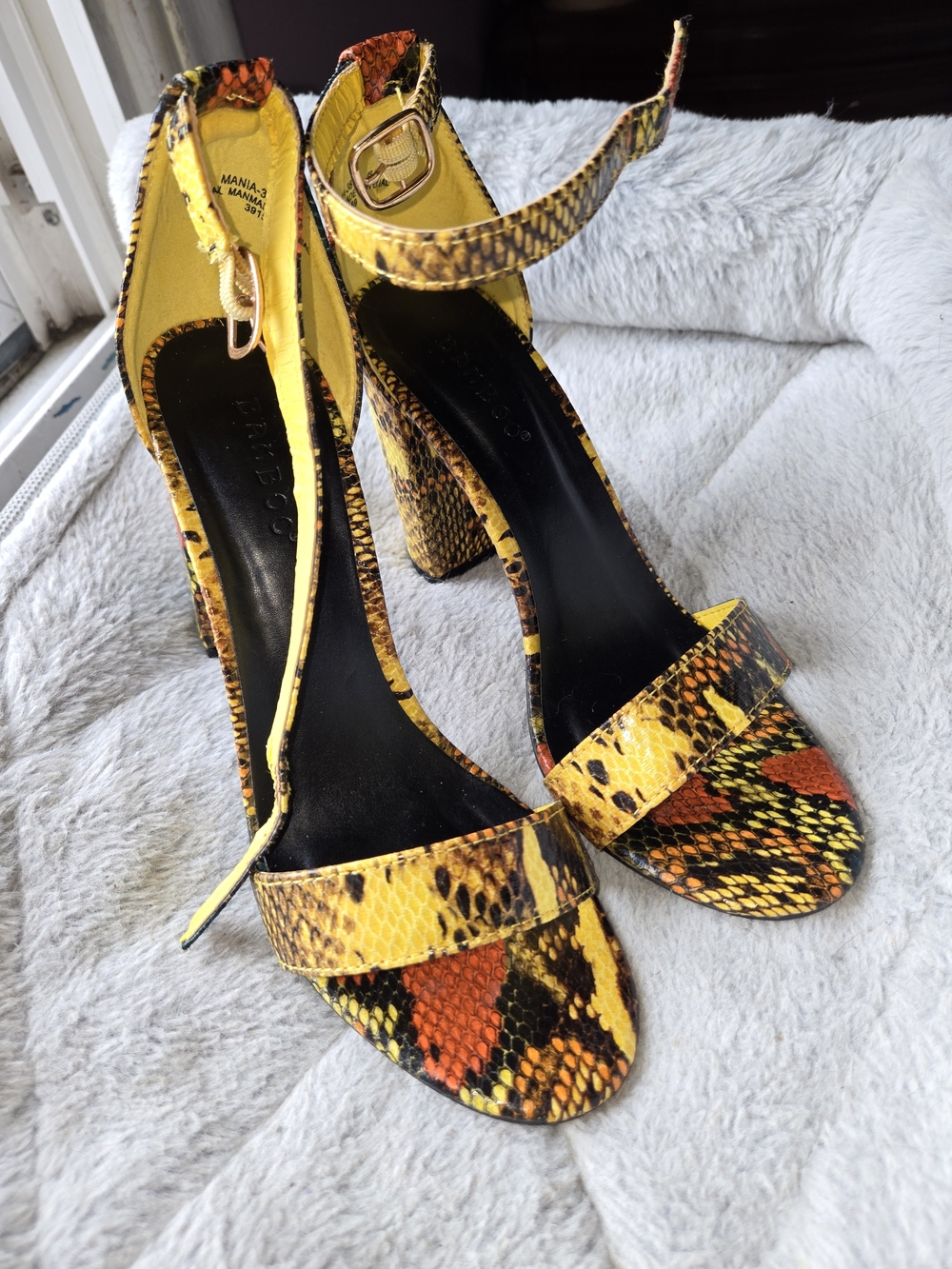BAMBOO Yellow & Orange Snake-Print Ankle Strap Block Heels